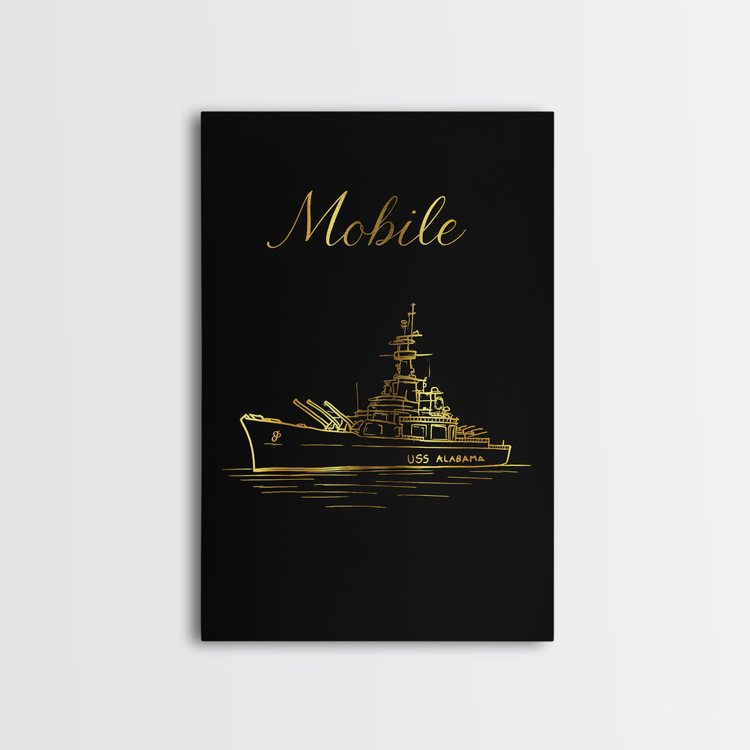 Mobile Alabama Travel Poster, Framed Canvas Print, Minimalist Gold Line Art, Mobile Poster Print, Vintage City Art, Living Room Wall Art