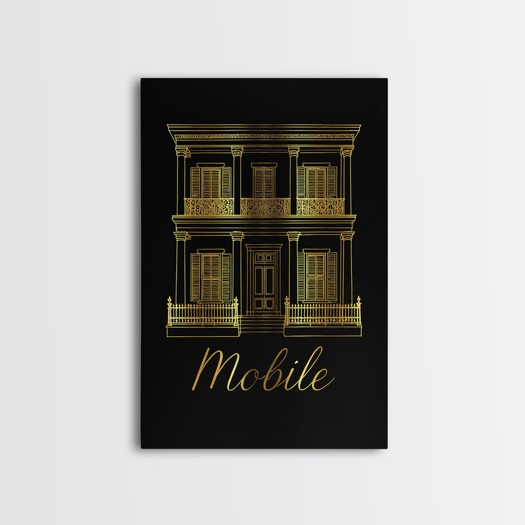 Mobile Travel Poster, Framed Canvas Print, Minimalist Gold Line Art, Mobile Wall Art, Living Room Wall Art, Vintage City Poster