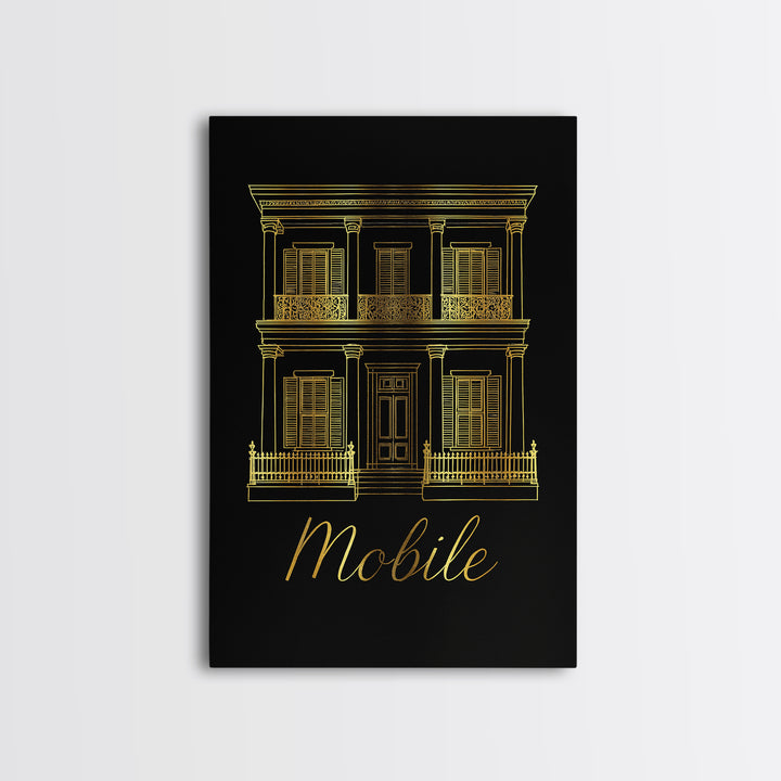 Mobile Travel Poster, Framed Canvas Print, Minimalist Gold Line Art, Mobile Wall Art, Living Room Wall Art, Vintage City Poster