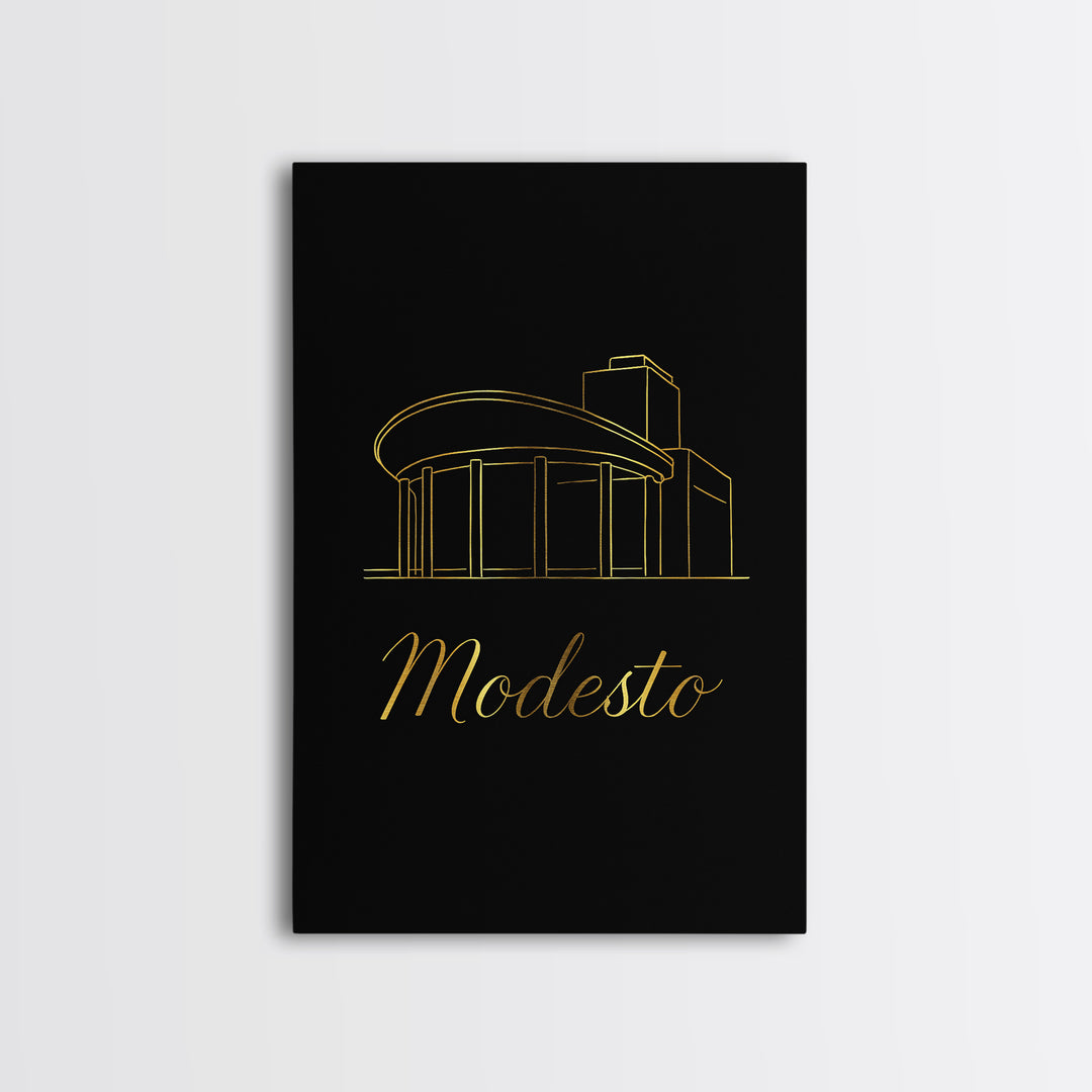 Modesto California Travel Poster, Framed Canvas Print, Minimalist Gold Line Art, Modesto Poster Print, Travel Poster Art, Gift For Travelers