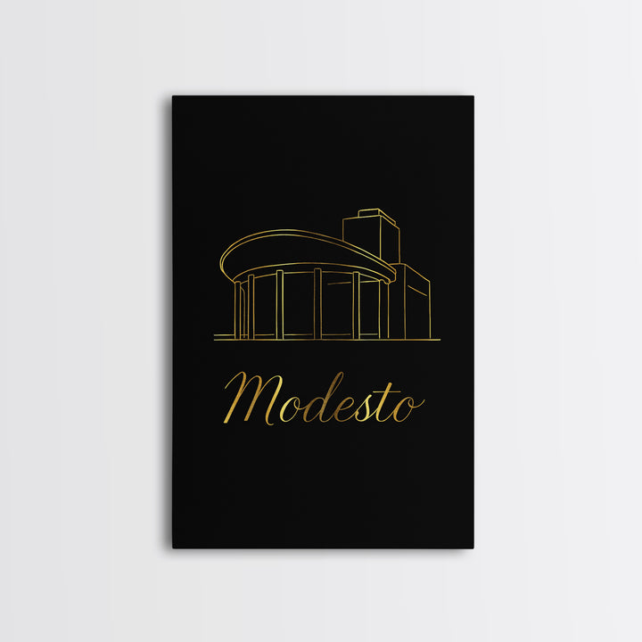 Modesto California Travel Poster, Framed Canvas Print, Minimalist Gold Line Art, Modesto Poster Print, Travel Poster Art, Gift For Travelers