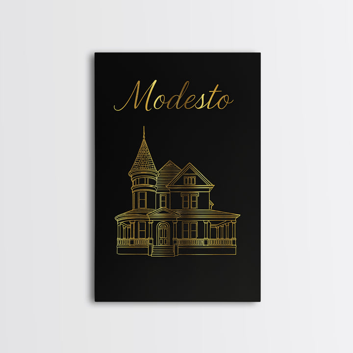 Modesto Travel Poster, Canvas Print, Black Gold Minimalist Art, Modesto Art Print, Travel Poster Art, City Art Print, Vintage City Art