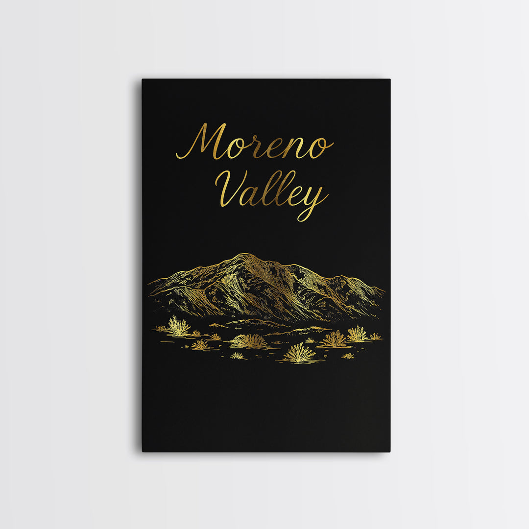 Moreno Valley Travel Poster, Framed Canvas Print, Gold Outline Poster Art, Moreno Valley Travel Art, Modern Wall Decor, City Illustration