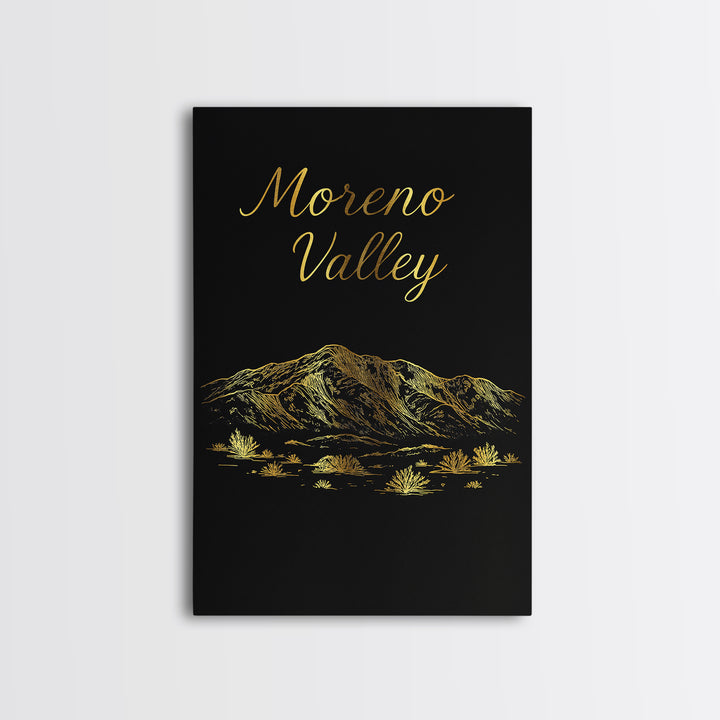 Moreno Valley Travel Poster, Framed Canvas Print, Gold Outline Poster Art, Moreno Valley Travel Art, Modern Wall Decor, City Illustration
