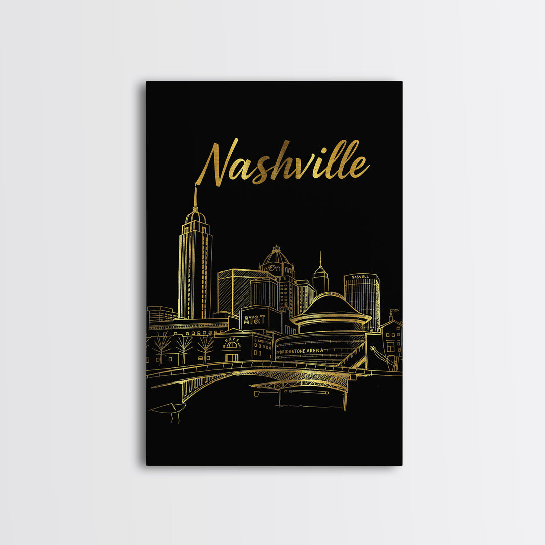 Nashville Tennessee Travel Poster, Canvas Print, Gold Outline Poster Art, Nashville Travel Art, City Art, Watercolor Downtown Skyline