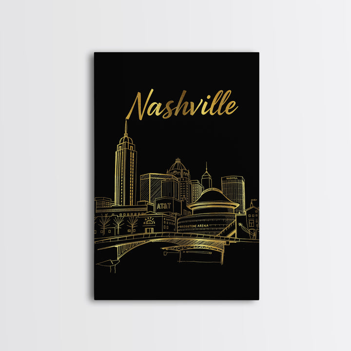 Nashville Tennessee Travel Poster, Canvas Print, Gold Outline Poster Art, Nashville Travel Art, City Art, Watercolor Downtown Skyline