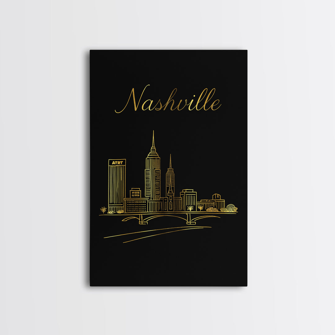 Nashville Travel Poster, Framed Canvas Print, Minimalist Gold Line Art, Nashville Travel Art, Travel Poster Art, Gift For Travelers