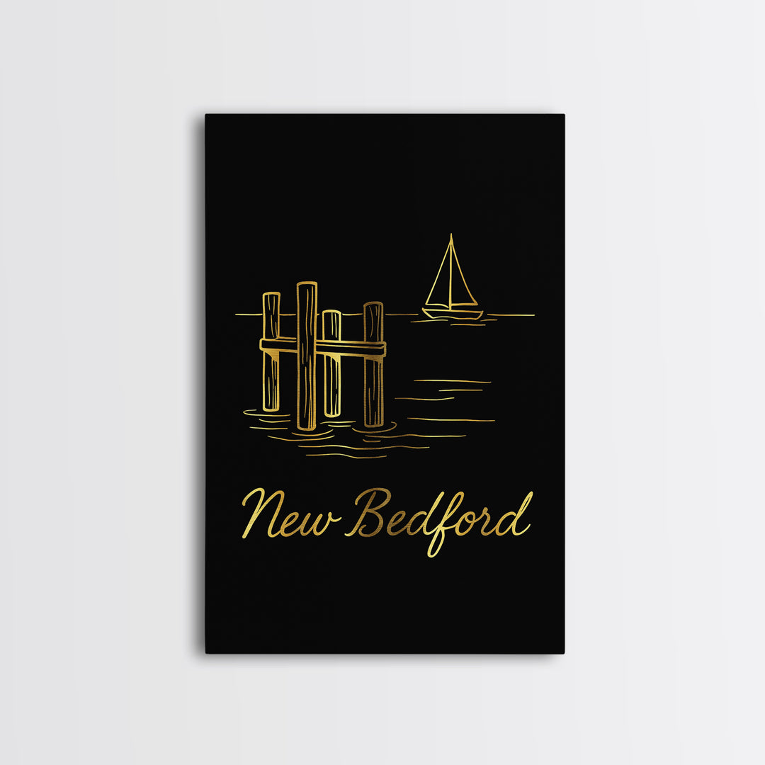 New Bedford Travel Poster, Canvas Print, Gold Outline Poster Art, New Bedford Travel Art, Travel Wall Decor, Home Office Decor