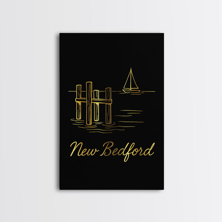 New Bedford Travel Poster, Canvas Print, Gold Outline Poster Art, New Bedford Travel Art, Travel Wall Decor, Home Office Decor