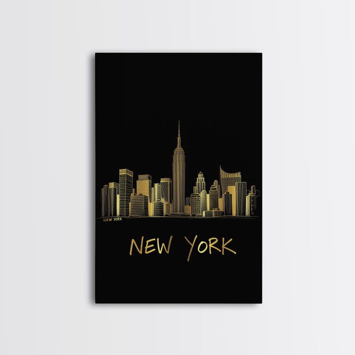 New York Travel Poster, Canvas Print, Minimalist Gold Line Art, New York Wall Art, Living Room Wall Art, Eclectic Wall Decor, Wall Art