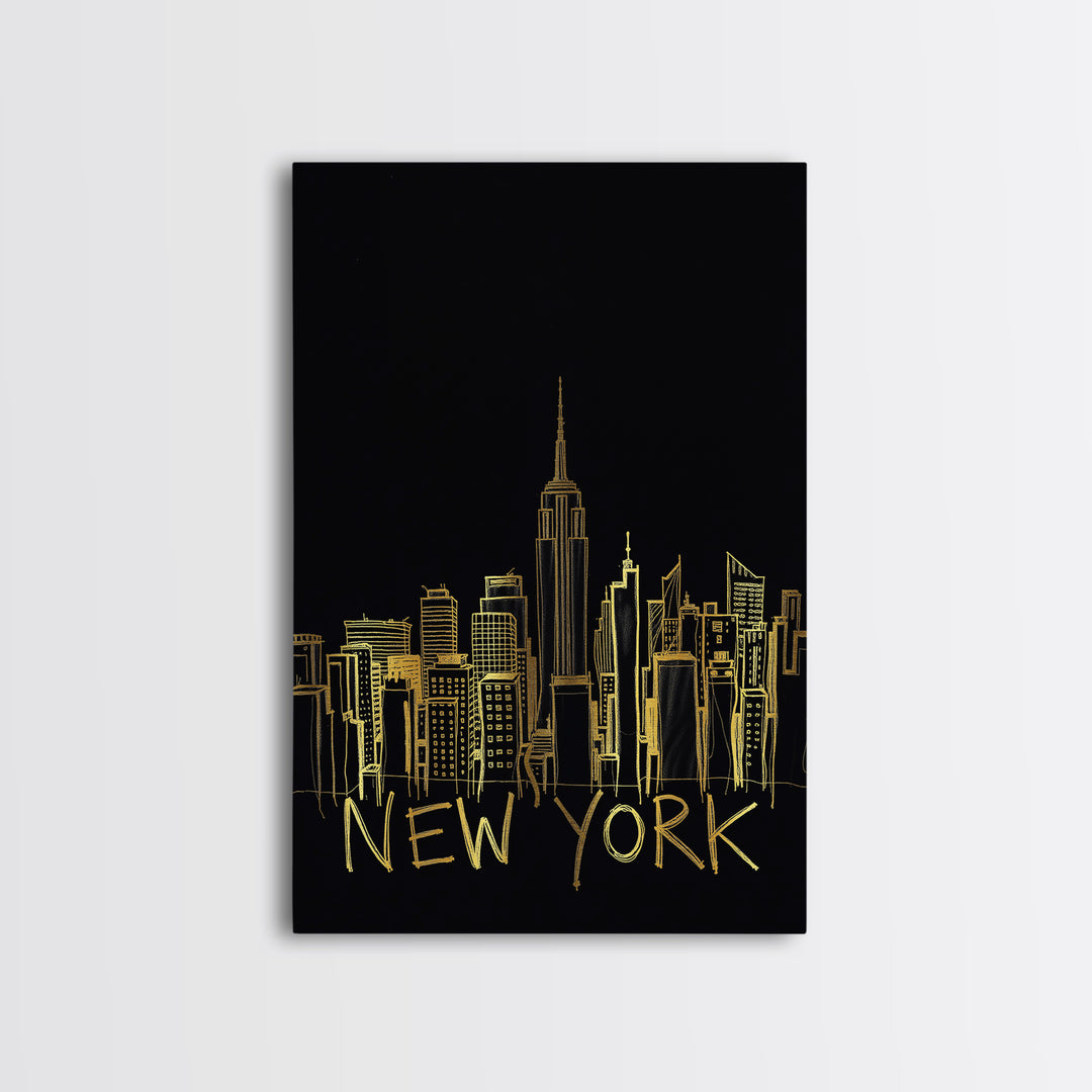 New York Travel Poster, Framed Canvas Print, Black Gold Minimalist Art, New York City Art, Wanderlust Decor, Mid Century Wall Art