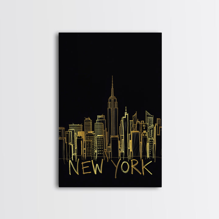 New York Travel Poster, Framed Canvas Print, Black Gold Minimalist Art, New York City Art, Wanderlust Decor, Mid Century Wall Art