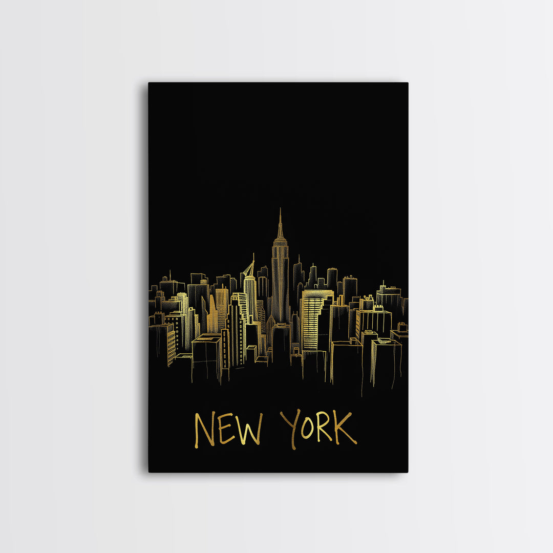 New York Travel Poster, Canvas Print, Gold Outline Poster Art, New York Art Print, Travel Art Print, City Travel Prints, Travel Poster Set