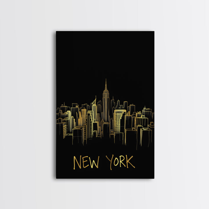 New York Travel Poster, Canvas Print, Gold Outline Poster Art, New York Art Print, Travel Art Print, City Travel Prints, Travel Poster Set