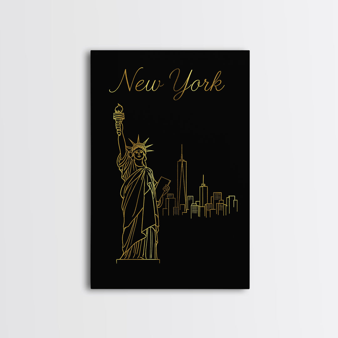 New York Travel Poster, Framed Canvas Print, Minimalist Gold Line Art, New York Art Print, Home Office Decor, Mid Century Wall Art