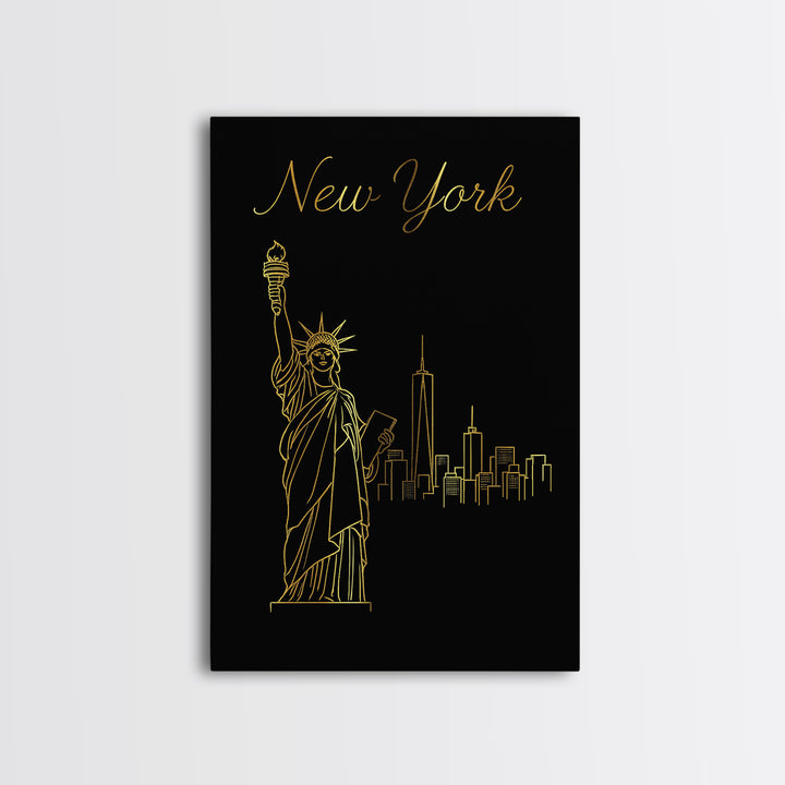 New York Travel Poster, Framed Canvas Print, Minimalist Gold Line Art, New York Art Print, Home Office Decor, Mid Century Wall Art