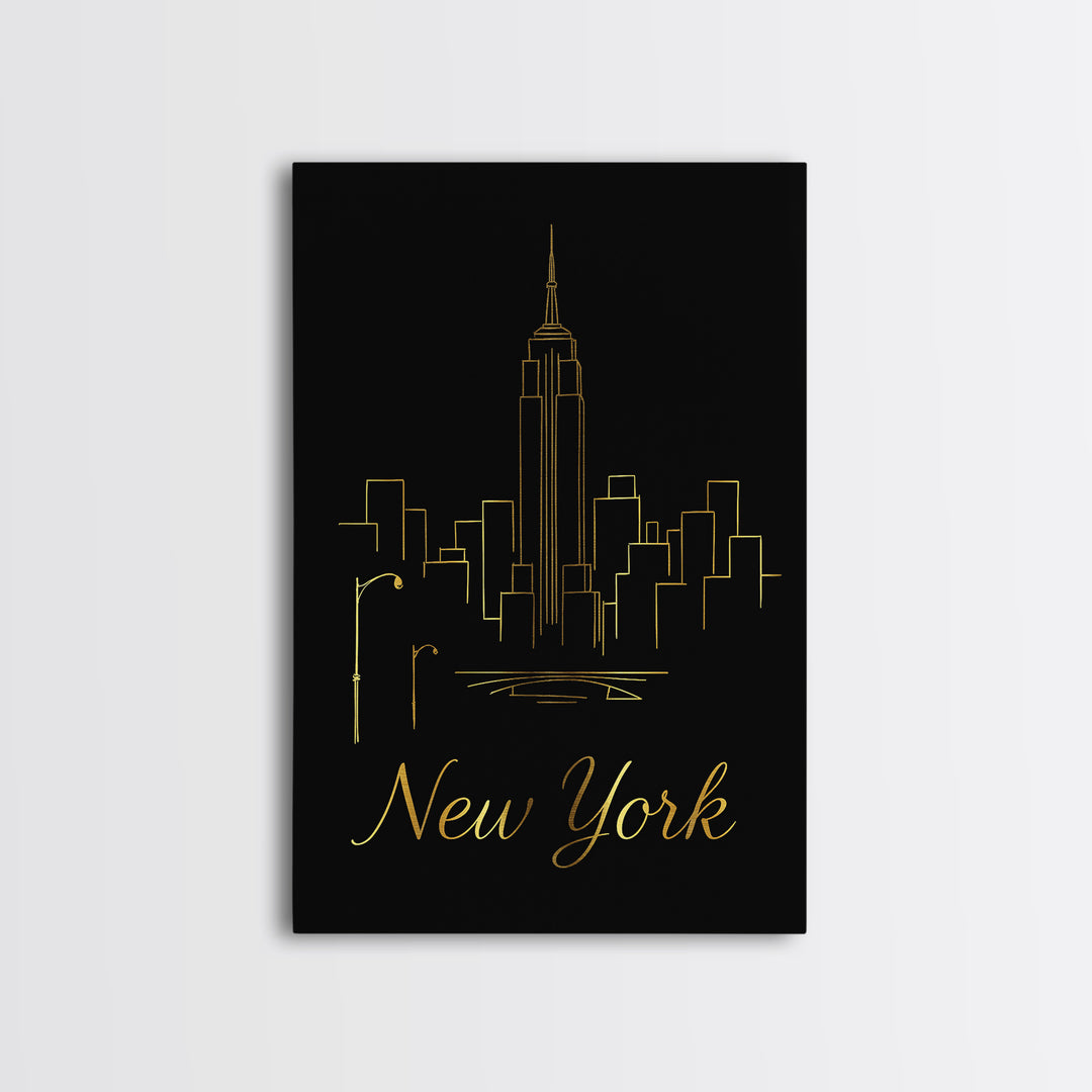 New York Travel Poster, Framed Canvas Print, Black Gold Minimalist Art, New York Wall Art, Eclectic Wall Decor, Mid Century Wall Art