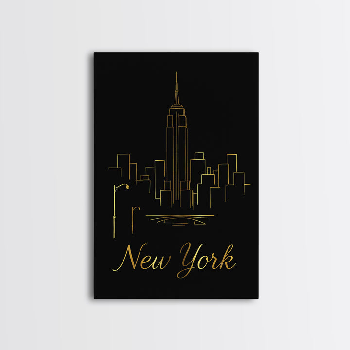 New York Travel Poster, Framed Canvas Print, Black Gold Minimalist Art, New York Wall Art, Eclectic Wall Decor, Mid Century Wall Art