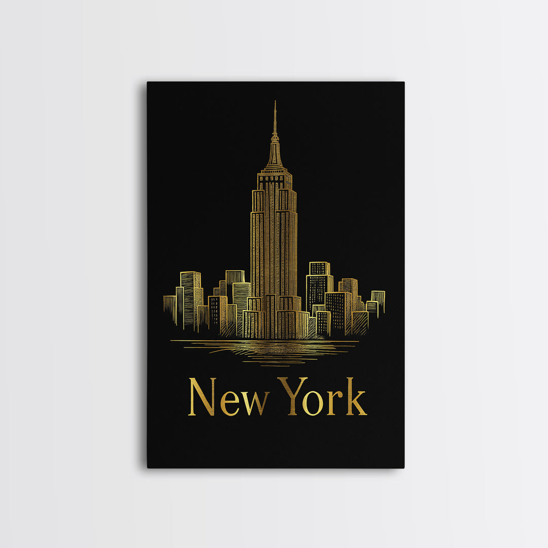 New York Travel Poster, Canvas Print, Gold Outline Poster Art, New York Art Print, Vintage City Poster, Vintage Travel Art, Retro Poster