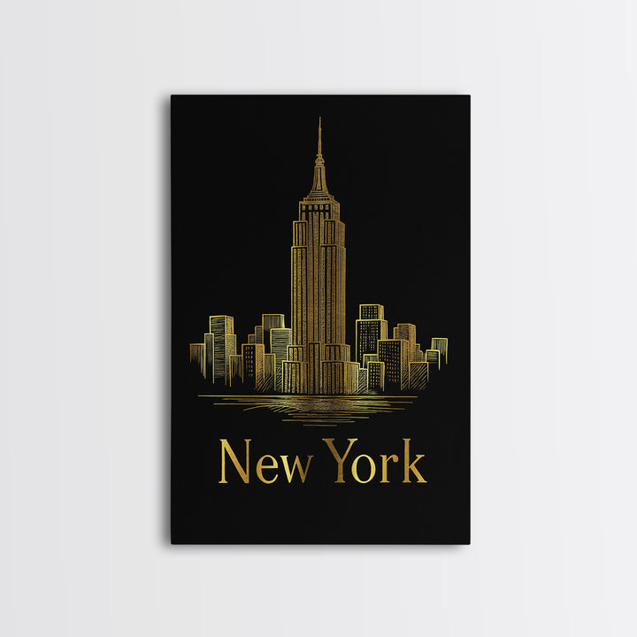 New York Travel Poster, Canvas Print, Gold Outline Poster Art, New York Art Print, Vintage City Poster, Vintage Travel Art, Retro Poster