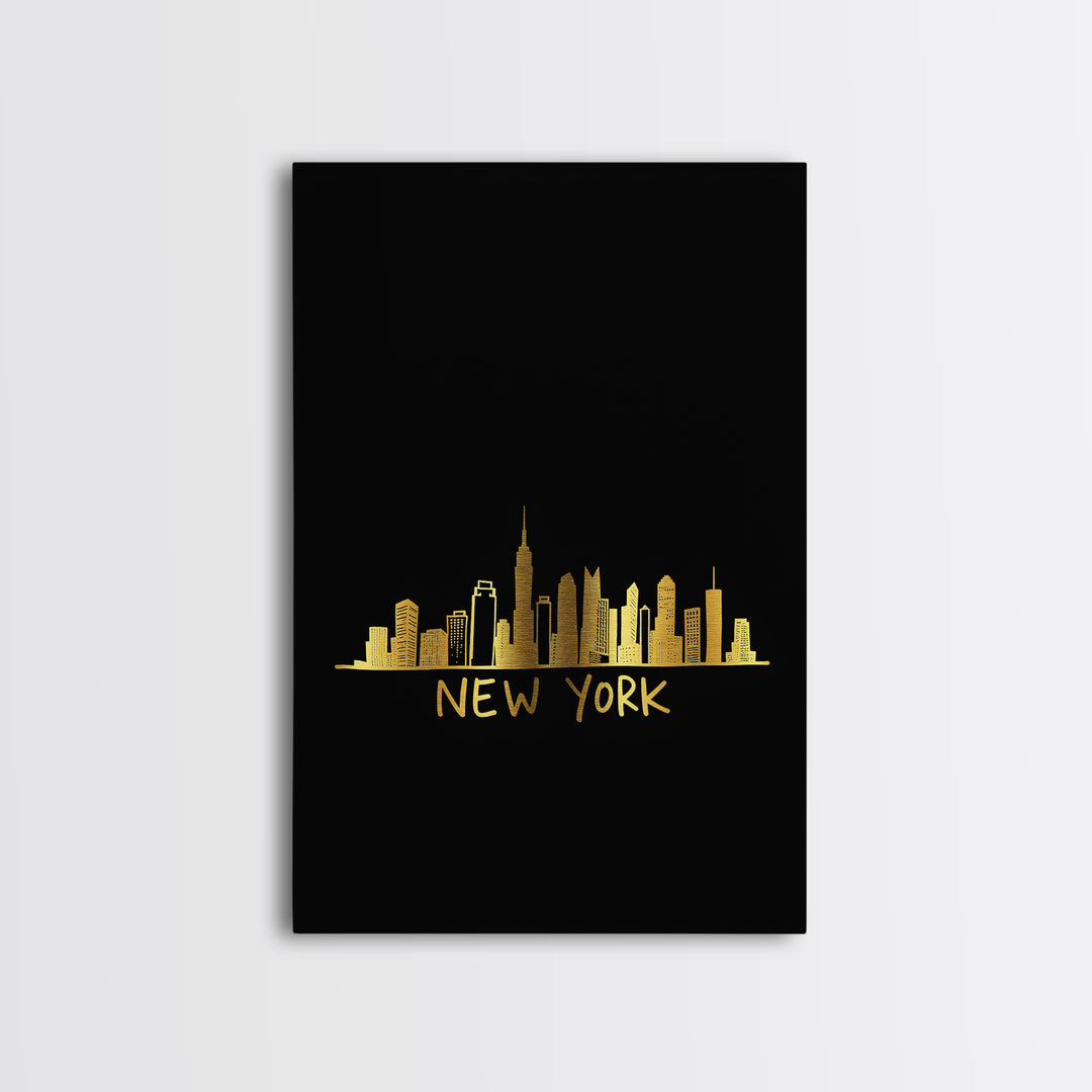 New York Travel Poster, Framed Canvas Print, Gold Outline Poster Art, New York Poster Print, Retro Travel Print, Vintage City Poster