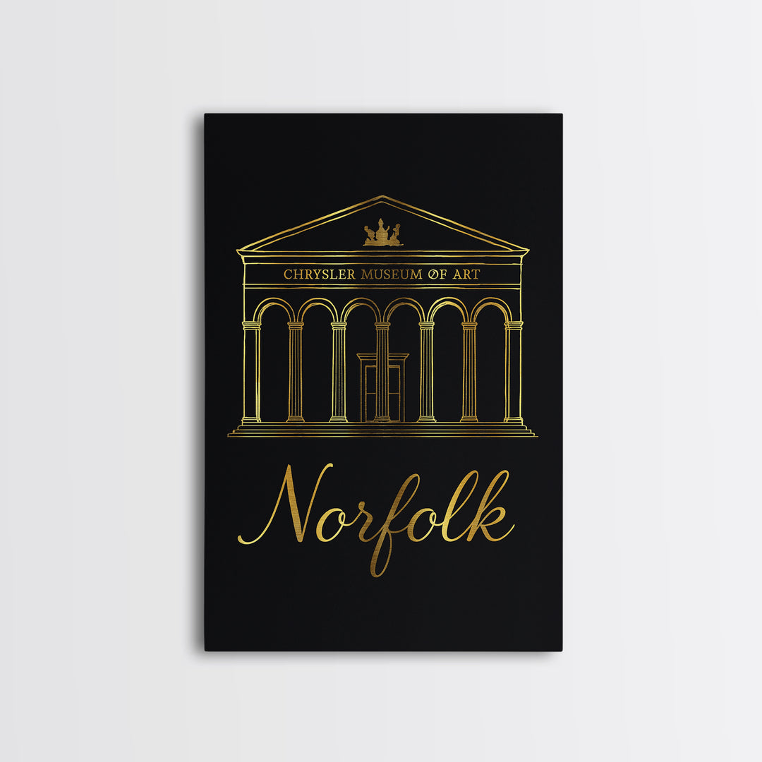 Norfolk Travel Poster, Framed Canvas Print, Gold Outline Poster Art, Norfolk City Art, Gift For Travelers, Travel Wall Art, Fine Art Print