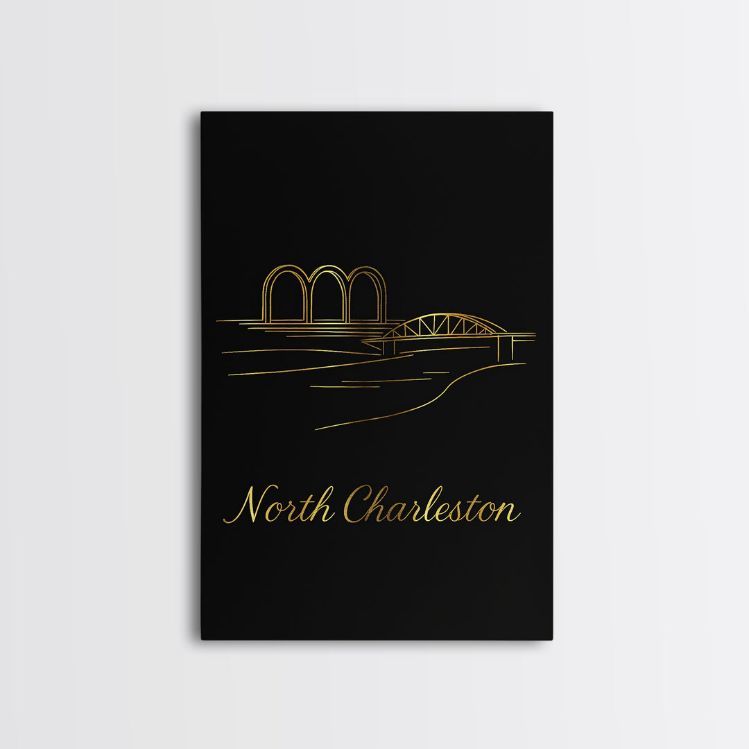 North Charleston Travel Poster, Canvas Print, Black Gold Minimalist Art, North Charleston City Art, Modern Wall Decor, City Art Print