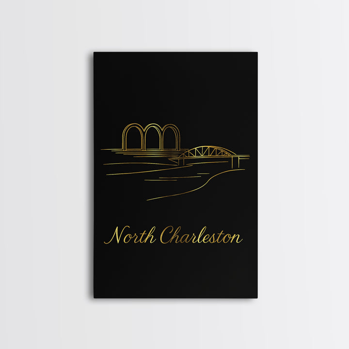 North Charleston Travel Poster, Canvas Print, Black Gold Minimalist Art, North Charleston City Art, Modern Wall Decor, City Art Print