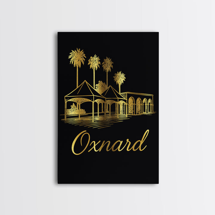 Oxnard California Travel Poster, Framed Canvas Print, Minimalist Gold Line Art, Oxnard Art Print, City Travel Prints, Eclectic Wall Decor