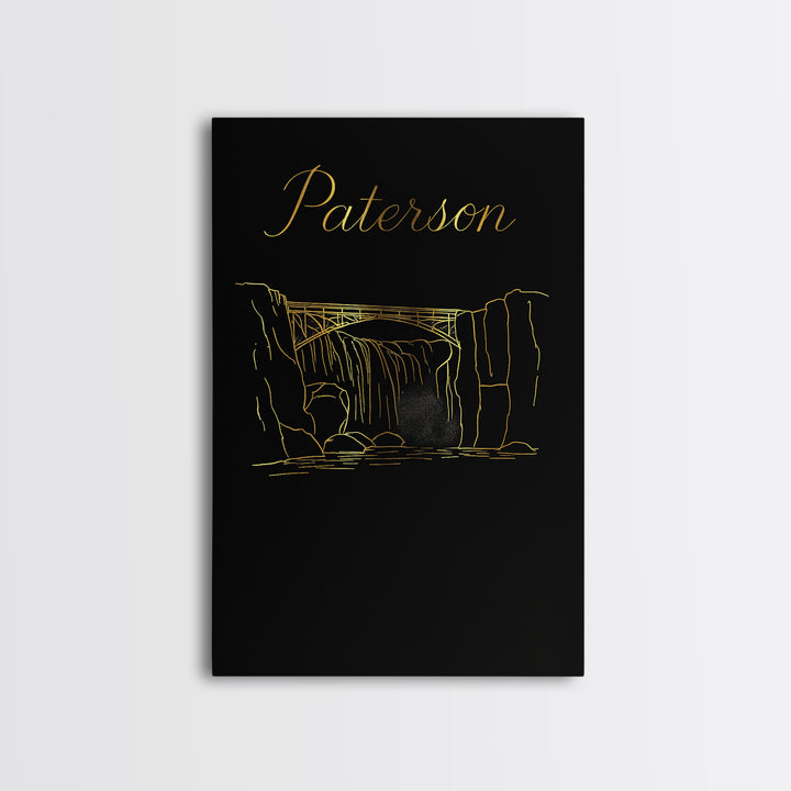 Paterson Travel Poster, Canvas Print, Gold Outline Poster Art, Paterson Wall Art, Vintage Travel Art, Travel Art Print, City Illustration