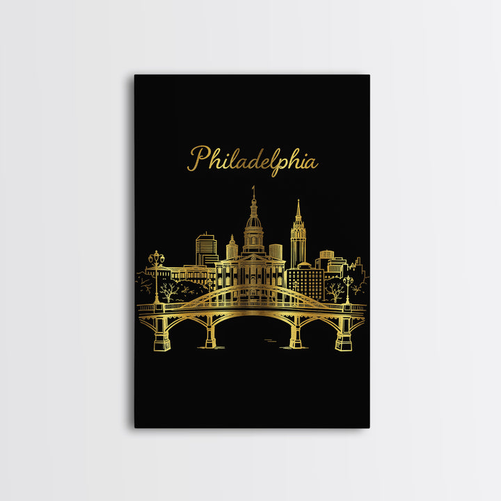 Philadelphia Pennsylvania Travel Poster, Canvas Print, Gold Outline Poster Art, Philadelphia Wall Art, Watercolor Skyline, City Illustration