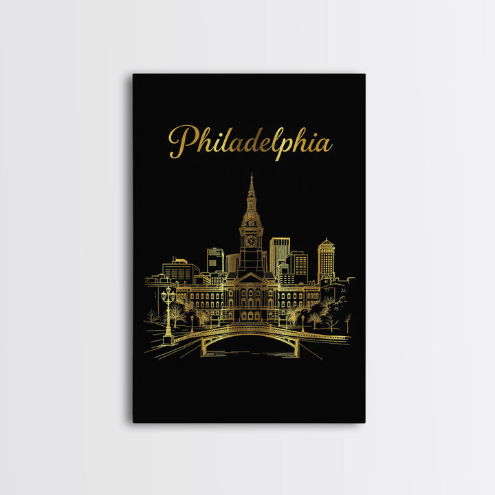 Philadelphia Travel Poster, Canvas Print, Gold Outline Poster Art, Philadelphia Poster Print, City Illustration, Home Office Decor