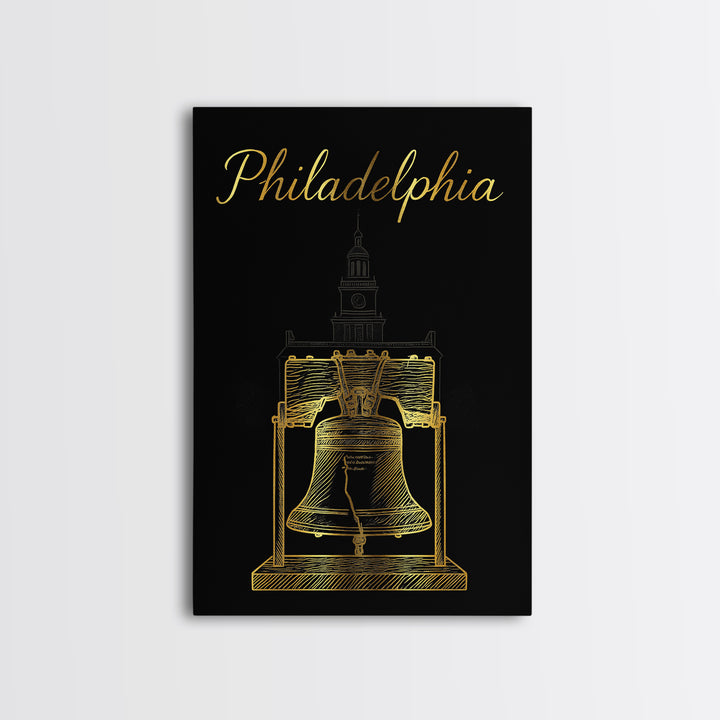 Philadelphia Travel Poster, Framed Canvas Print, Minimalist Gold Line Art, Philadelphia Travel Art, Living Room Wall Art, Home Office Decor