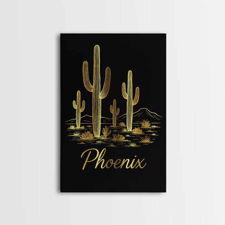 Phoenix Travel Poster, Framed Canvas Print, Gold Outline Poster Art, Phoenix Wall Art, Modern Wall Decor, City Illustration, Home Decor