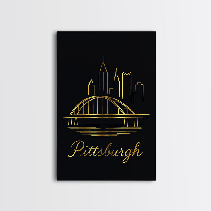 Pittsburgh Travel Poster, Canvas Print, Gold Outline Poster Art, Pittsburgh City Art, Vintage Travel Print, Living Room Wall Art