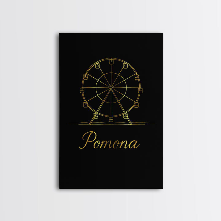 Pomona California Travel Poster, Framed Canvas Print, Black Gold Minimalist Art, Pomona Travel Art, Modern Wall Decor, Mid Century Wall Art