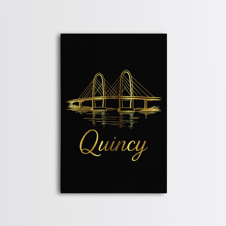 Quincy Massachusetts Travel Poster, Canvas Print, Gold Outline Poster Art, Quincy Wall Art, Wall Decor, Travel Poster Art, Home Decor