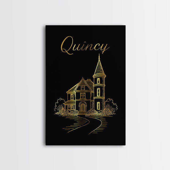 Quincy Travel Poster, Canvas Print, Minimalist Gold Line Art, Quincy City Art, Gift For Travelers, Eclectic Wall Decor, Travel Wall Art