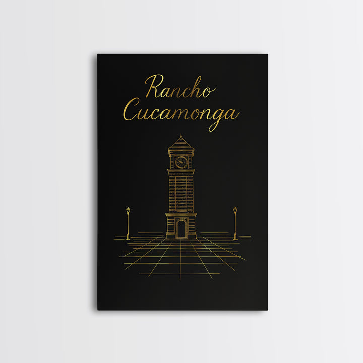 Rancho Cucamonga Travel Poster, Framed Canvas Print, Gold Outline Poster Art, Rancho Cucamonga Poster Print, Watercolor Downtown Skyline
