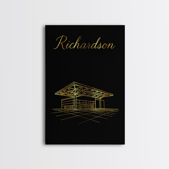 Richardson Texas Travel Poster, Framed Canvas Print, Gold Outline Poster Art, Richardson Art Print, City Illustration, Fine Art Print
