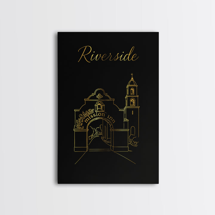Riverside Travel Poster, Framed Canvas Print, Black Gold Minimalist Art, Riverside City Art, Eclectic Wall Decor, Travel Wall Art