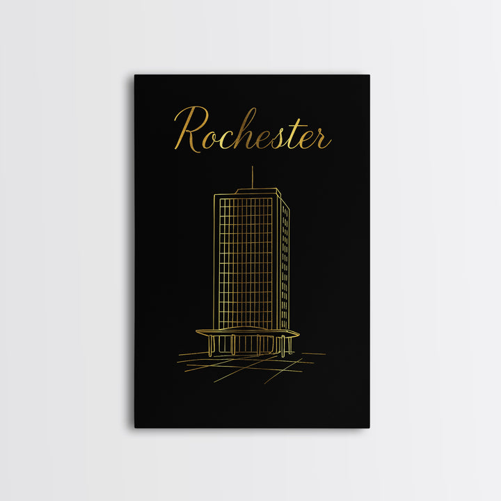 Rochester Travel Poster, Framed Canvas Print, Gold Outline Poster Art, Rochester Art Print, Retro Travel Print, Travel Wall Decor
