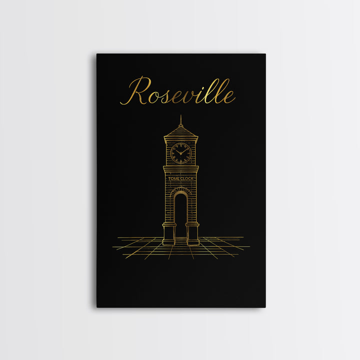 Roseville California Travel Poster, Framed Canvas Print, Gold Outline Poster Art, Roseville City Art, Travel Poster Set, Home Office Decor
