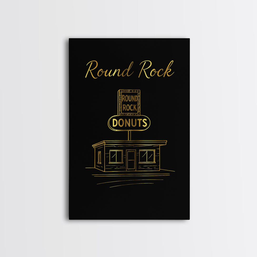 Round Rock Texas Travel Poster, Framed Canvas Print, Gold Outline Poster Art, Round Rock Travel Art, Gift For Travelers, Vintage Travel Art