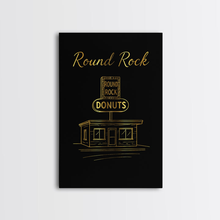 Round Rock Texas Travel Poster, Framed Canvas Print, Gold Outline Poster Art, Round Rock Travel Art, Gift For Travelers, Vintage Travel Art