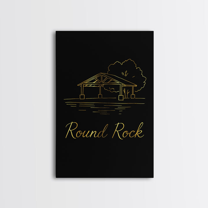 Round Rock Travel Poster, Framed Canvas Print, Gold Outline Poster Art, Round Rock Art Print, Retro Travel Print, Mid Century Wall Art