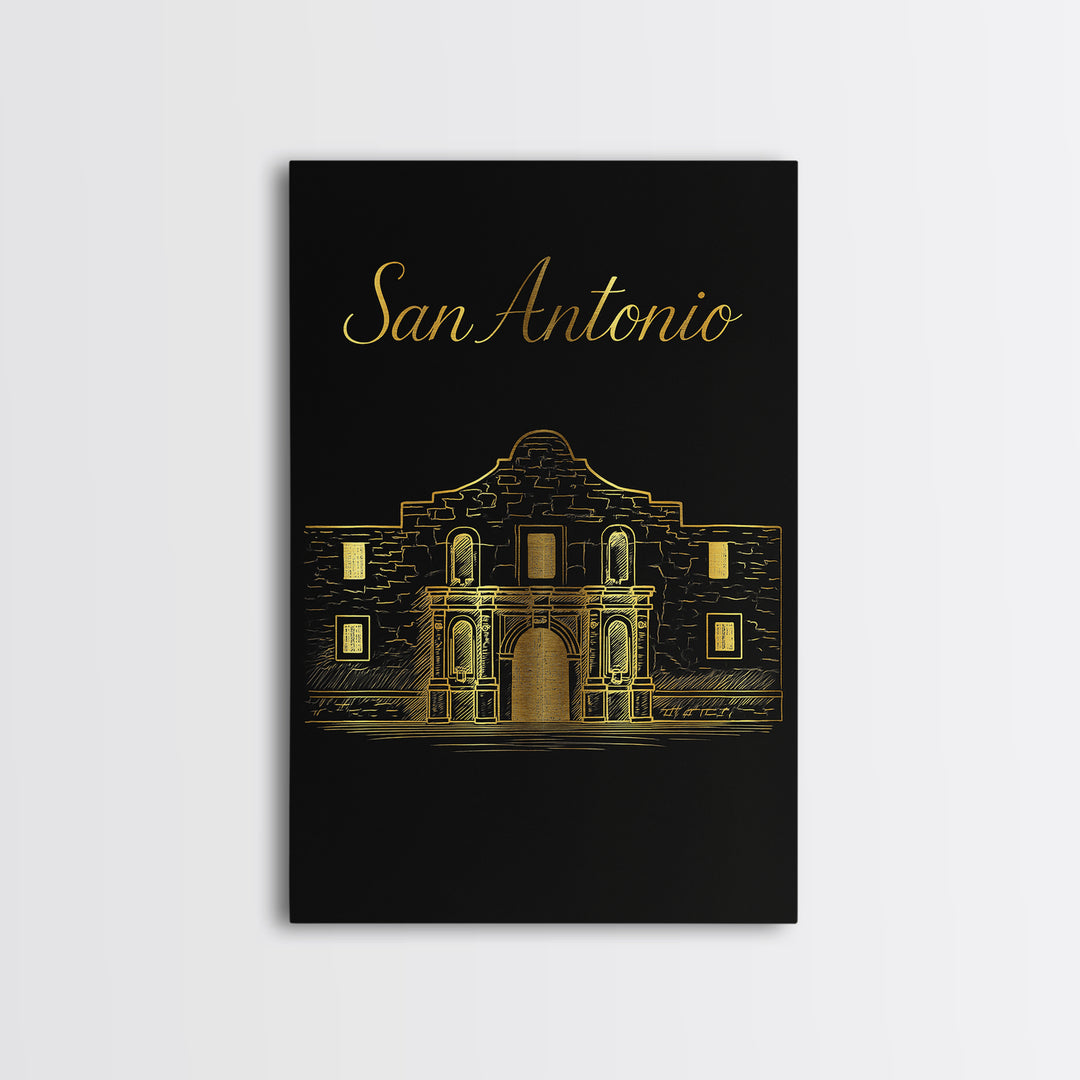 San Antonio Texas Travel Poster, Framed Canvas Print, Black Gold Minimalist Art, San Antonio City Art, City Travel Prints, City Illustration
