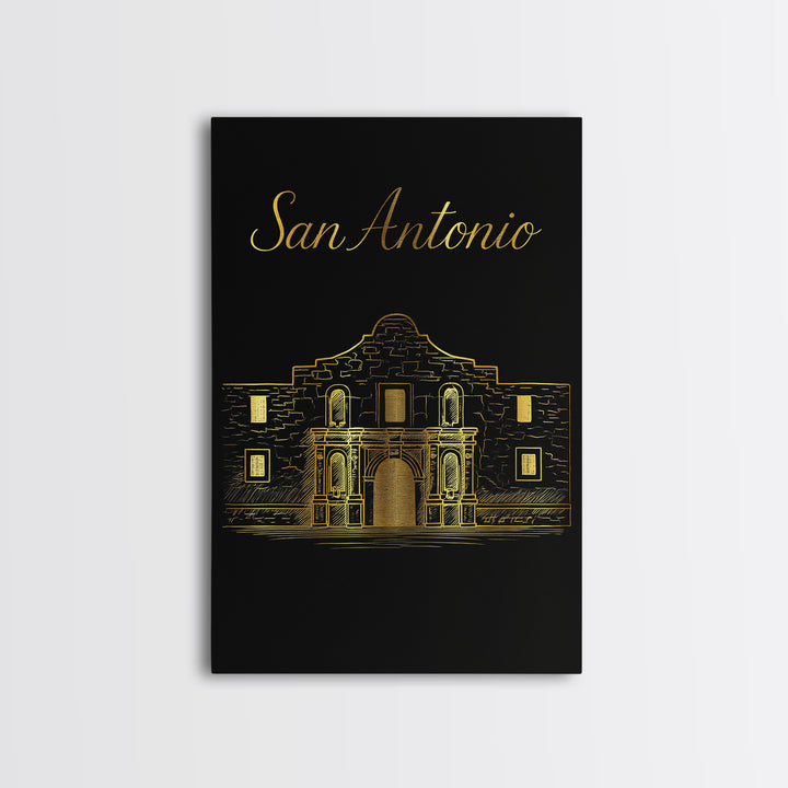 San Antonio Texas Travel Poster, Framed Canvas Print, Black Gold Minimalist Art, San Antonio City Art, City Travel Prints, City Illustration