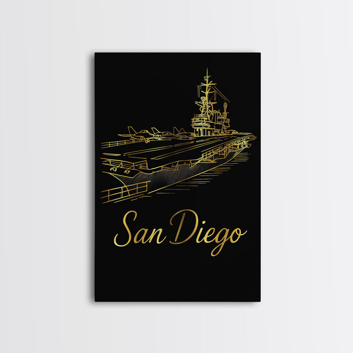 San Diego Travel Poster, Canvas Print, Gold Outline Poster Art, San Diego Travel Art, Travel Poster Art, Travel Wall Art, Home Office Decor