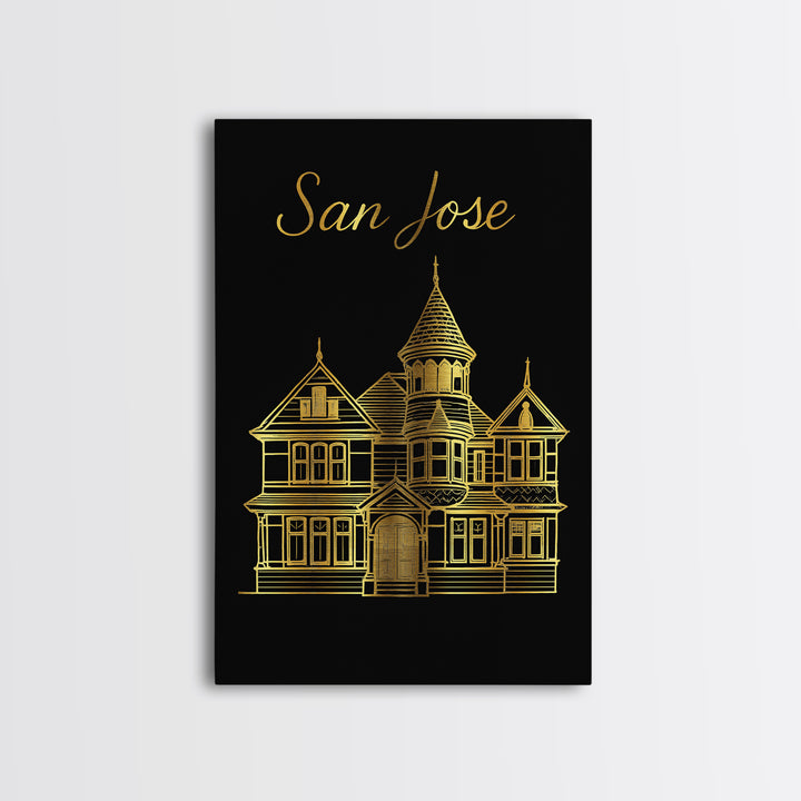 San Jose California Travel Poster, Canvas Print, Black Gold Minimalist Art, San Jose Print, Travel Art Print, Wanderlust Decor, Wall Art